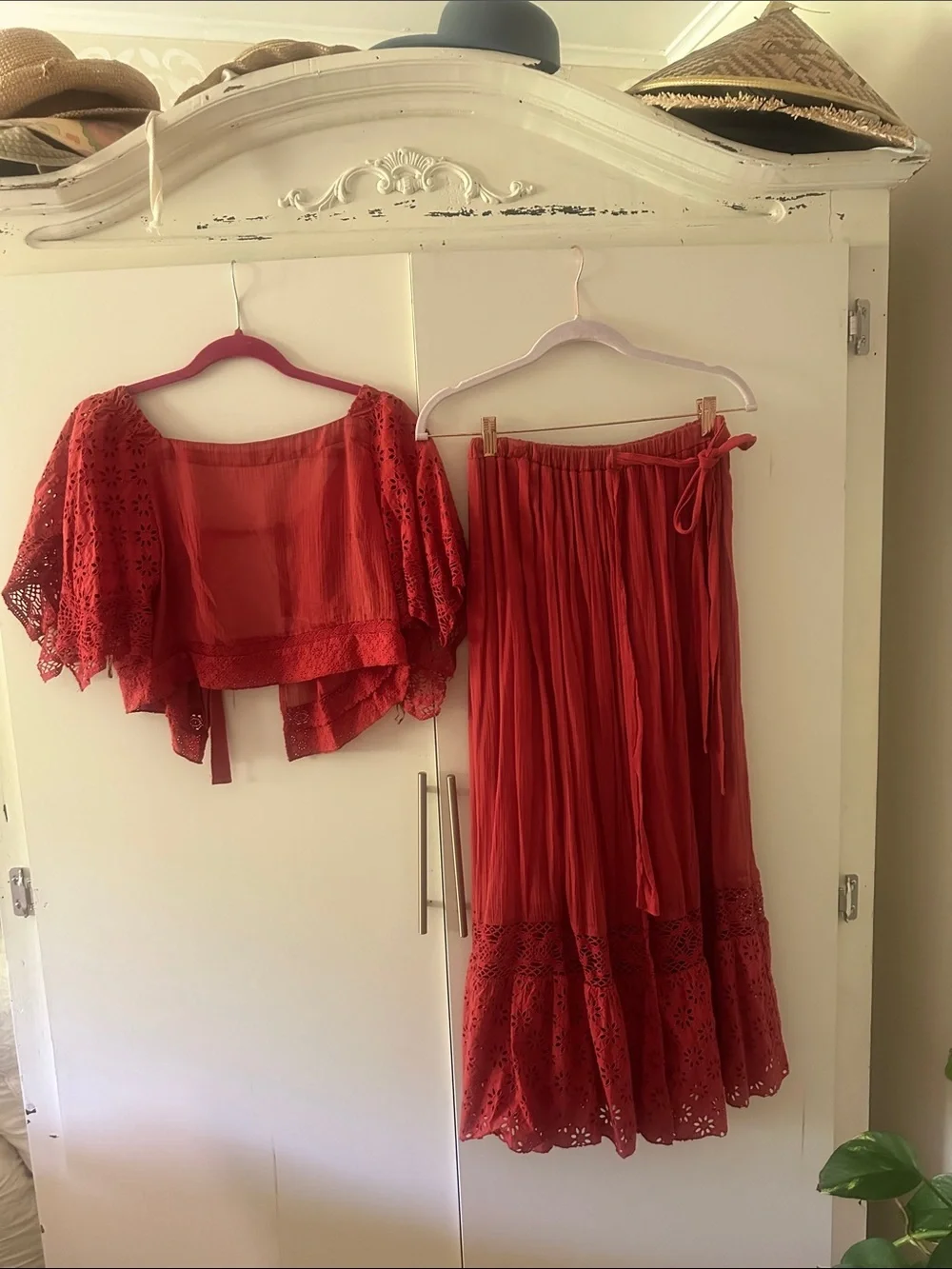 Free People darling Rust Red Eyelet Crop Top & Wrap Maxi Skirt Set
